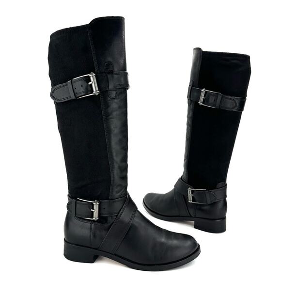 Cole Haan Whitley Black Riding Tall Boot Sz 6.5 Leather & Stretchy Suede Pull-On - Picture 1 of 16